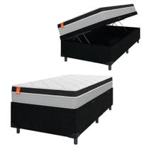 Cama Box Baú Solteiro Colchão Molas Ensacadas Real 88x188x68cm Preto / Cinza - Suporta Até 130kg Por