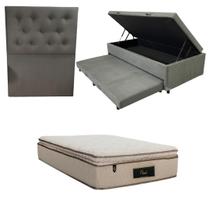 Cama Box Baú Solteiro com Auxiliar Bicama Colchão Cloud Molas Ensacadas Com Pillowtop 32cm Kit Completo com Cabeceira Botonê Diversas C