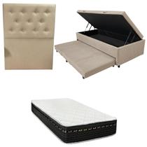 Cama Box Baú Solteiro com Auxiliar Bicama Colchão Eagle Molas Bonnel 22cm Kit Completo com Cabeceira Diversas Cores