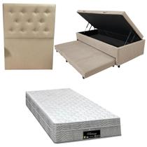 Cama Box Baú Solteiro com Auxiliar Bicama Colchão Riviera Molas Ensacadas 25cm Kit Completo com Cabeceira Botonê Diversas Cores