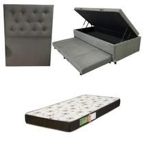 Cama Box Baú Solteiro com Auxiliar Bicama Colchão Solteiro Espuma D20 12cm Kit Completo com Cabeceira Botonê Diversas Cores