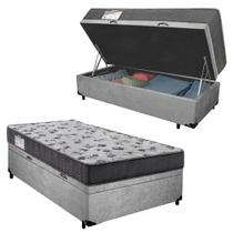 Cama Box Baú Solteiro com Espuma Macia Acoplado Cinza