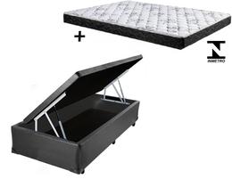 Cama Box Baú Solteiro Conforto Sintético Cinza + Colchão Solteiro Conforto Espuma D33 Com EPS 30x88x188