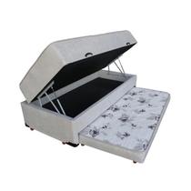 Cama Box Baú Solteiro Conjugada de Mola com Cama Auxiliar Bicama 3 em 1 Suede Bege