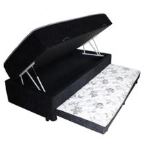 Cama Box Baú Solteiro Conjugada de Mola com Cama Auxiliar Bicama 3 em 1 Suede Preto