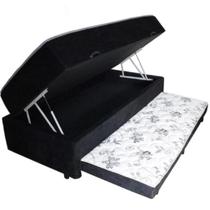 Cama Box Baú Solteiro Conjugada de Mola com Cama Auxiliar Bicama 3 em 1 Suede Preto