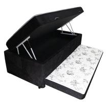 Cama Box Baú Solteiro Conjugado com Cama Auxiliar Bicama 3 em 1 - Suede Preto