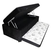 Cama Box Baú Solteiro Conjugado com Cama Auxiliar Bicama 3 em 1 - Suede Preto