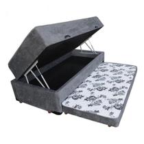 Cama Box Baú Solteiro Conjugado de Mola com Cama Auxiliar Bicama 3 em 1 Suede Cinza