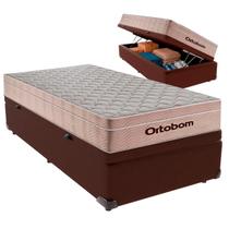 Cama Box Baú Solteiro e Colchão Airtech Spring Pocket Molas Ensacadas Ortobom Marrom