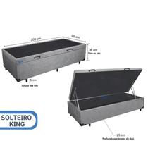 Cama Box Baú Solteiro King Blindado 96x203 Maior Espaço Interno Suede Cinza ou Preto Medida Especial