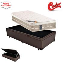 Cama Box Baú Solteiro King Sintético + Colchão Castor Premium com Euro Pillow e Molas Tecnopedic 96X203X72