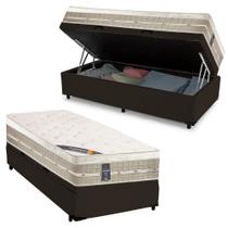 Cama Box Baú Solteiro Sintético + Colchão Castor Premium com Euro Pillow e Molas Tecnopedic System 88x188x72 Marrom