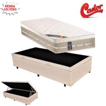 Cama Box Baú Solteiro Sintético + Colchão Castor Premium com Euro Pillow e Molas Tecnopedic System 88x188x72