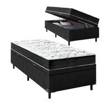 Cama Box Baú Solteiro Sintético Preto com Colchão de Espuma Semi Ortopédica Extra Firme Resistente Preto 88x188x52cm Suporta 80kg