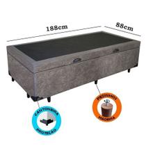 Cama box bau solteiro suede cinza luxo pistão a gás Cama box bau solteiro suede cinza luxo pistão a gás