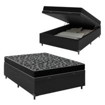 Cama Box Baú Viúva 128 Tecido Sintético Preto Com Colchão Espuma D20 Tampo Preto Bello Box 12cm