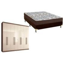 Cama Box Casal + Colchão D45 Ortobom + Guarda Roupa Master Vip 8.4 Castanha/Off White