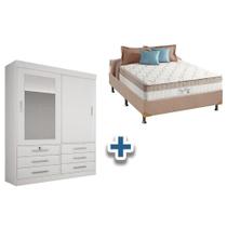 Cama Box Casal + Colchão King Best + Guarda Roupa Sonare Branco