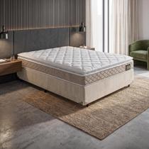 Cama Box Casal Queen Colchão Espuma D33 Pillow Top Millenium 158x198x57cm Suede Bege/Branco Hellen Suporta Até 120 Kg Por Pessoa