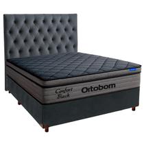 Cama Box Cinza + Cabeceira + Colchão Casal Confort Black Ortobom