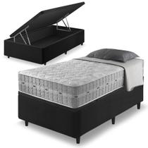 Cama Box com Baú Preta + Colchão Solteiro Twin Size Molas Ensacadas Alabama 96x203x66cm
