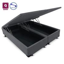 Cama Box QUEENSIZE com Bau Pistão-gás cinza suede Bipartido