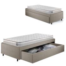 Cama Box Solteirão com Gaveta 88x188cm Revestida em Linho Bege com Colchão Hanover Inducol