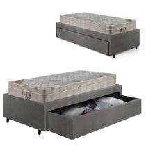 Cama Box Solteirão com Gaveta 88x188cm Revestida em material sintético Linho Cinza com Colchão Airtech Ortobom