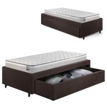 Cama Box Solteirão com Gaveta 88x188cm Revestida em material sintético Linho Marrom com Colchão Hanover Inducol