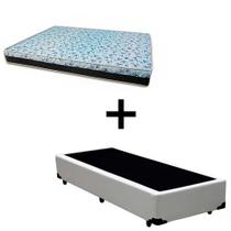 Cama Box Solteiro 88 - Tecido Sintético Branco com Colchão Berlim Bello Box - D23 Azul 57x88x188cm