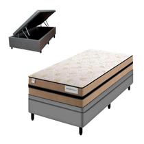 Cama Box Solteiro com Baú Cinza e Colchão Smart Milano Plumatex