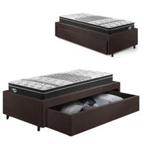 Cama Box Solteiro com Gaveta 88x188cm Revestida em material sintético Linho Marrom com Colchão Gransleep Ecoflex