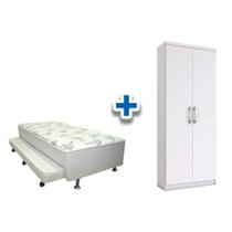 Cama Box Solteiro Conjugado Ortobom White c/ Auxiliar + Armário Multiuso Margarida Branco