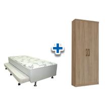 Cama Box Solteiro Conjugado Ortobom White c/ Auxiliar + Armário Multiuso Margarida Rústico - Henn