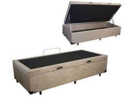 Cama Box Solteiro Em Baú Suede Bege Blindado com Pistão a Gás