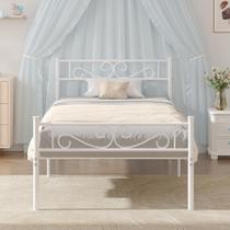 Cama Box Solteiro VECELO 14" de Metal com Cabeceira, Branco Off White Cama Box Solteiro VECELO 14" de Metal com Cabeceira, Branco Off White