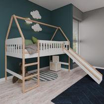 Cama Cabana Infantil Elevada com Escorregador em Madeira e MDF Branco Cama Cabana Infantil Elevada com Escorregador em Madeira e MDF Branco