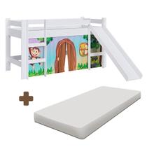 Cama Cabana Infantil Montessoriana Com Colchão Escorregador Branco E Cortina Estampada Zoo Cirion Shop