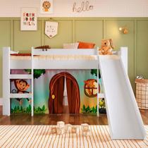 Cama Cabana Infantil Montessoriana Com Escorregador Branco E Cortina Estampada Zoo Cirion Shop