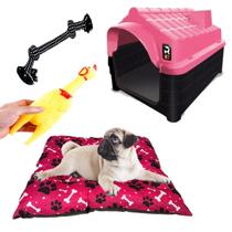 Cama Cachorros Rosa Lavável + Casa N1 Rosa + Brinquedos Pet