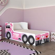 Cama Caminhão Solteiro Infantil Juvenil com Cabeceira Peseira Estampadas para Quarto Menino - Rosa
