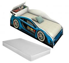 Cama Carro Infantil Azul Com Baú E Colchão Menino Menina Caminha Resistente Prateleiras Casinha Bonecas Grade Elegante Cercado Quarto Bebê Criança