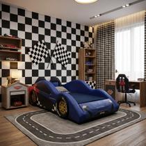 Cama Carro Jet Brós Solteiro Estofada Roda em Alto Relevo Cor:Azul