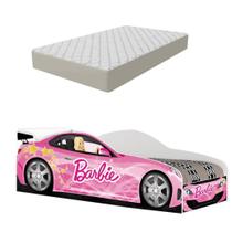 Cama Carro Solteiro Barbie com Colchão e Grade e Proteção para Meninas Rosa