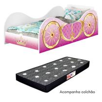Cama Carro Solteiro Carroagem Rosa Menina em MDF Com Colchão