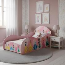 Cama Carruagem Solteiro Princesas Rosa com Proteção Lateral Mdf - Rosa Cama Carruagem Solteiro Princesas Rosa com Proteção Lateral Mdf - Rosa