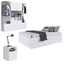 Cama Casal 140cm Com 2 Mesas de Cabeceira e Guarda Roupa Tókio A05 Branco - Mpozenato