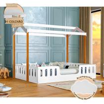 Cama Casal com Colchão Casinha Montessoriana Ágatha Branco/amêndoa Incluso Luminária