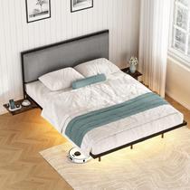 Cama Casal, Estrutura de Cama Metálica com Cabeceira Estofada, Mesas Laterais com Tomadas e Espaço de Armazenamento Sob a Cama 140x195x92cm